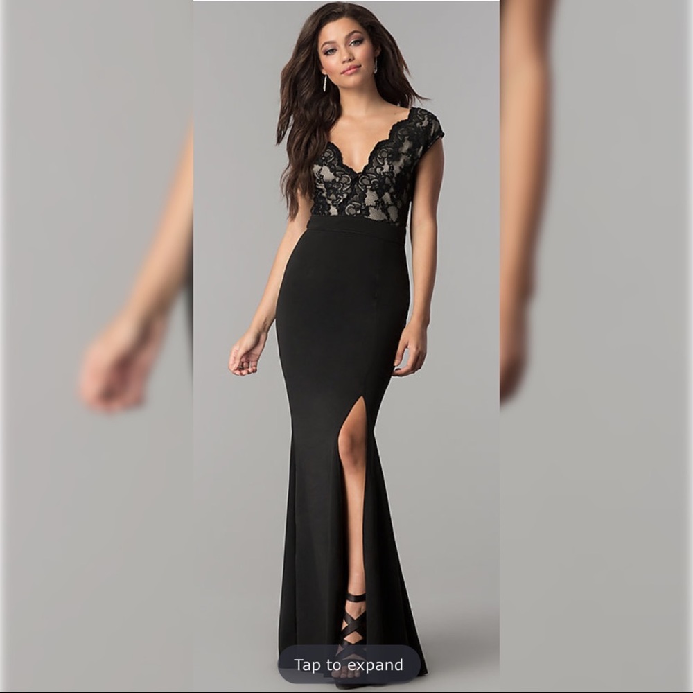 Long Lace-Bodice V-Neck Prom Dress with Slit
